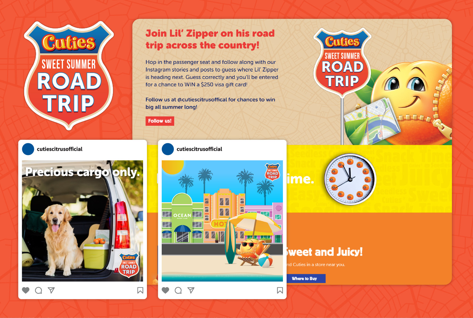 Collage of design examples from the promotion Cuties Sweet Summer Road Trip