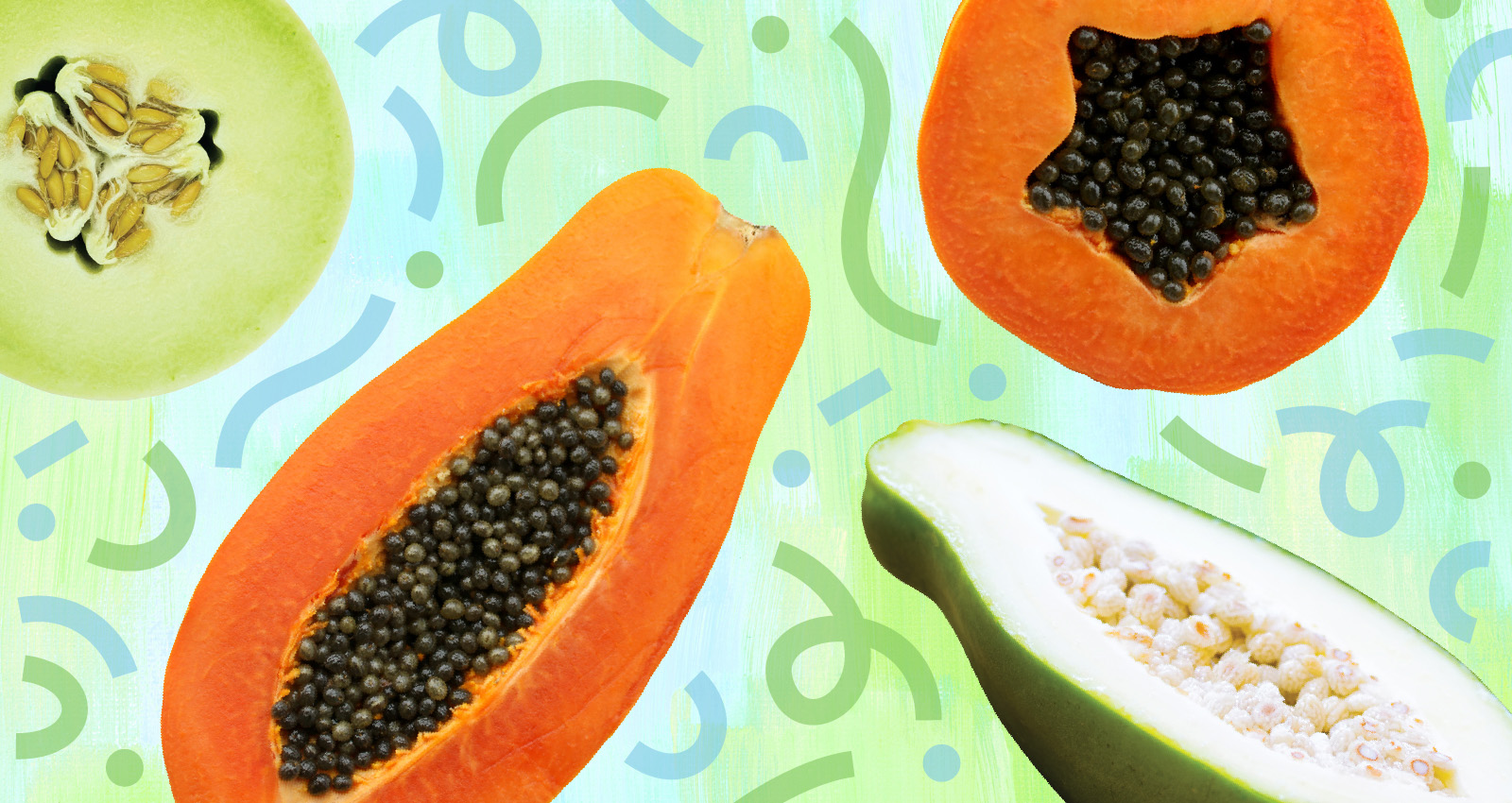Image of super star and royal star papayas, honeydew, and green papayas on a green and blue watercolor background with green and blue confetti illustrations
