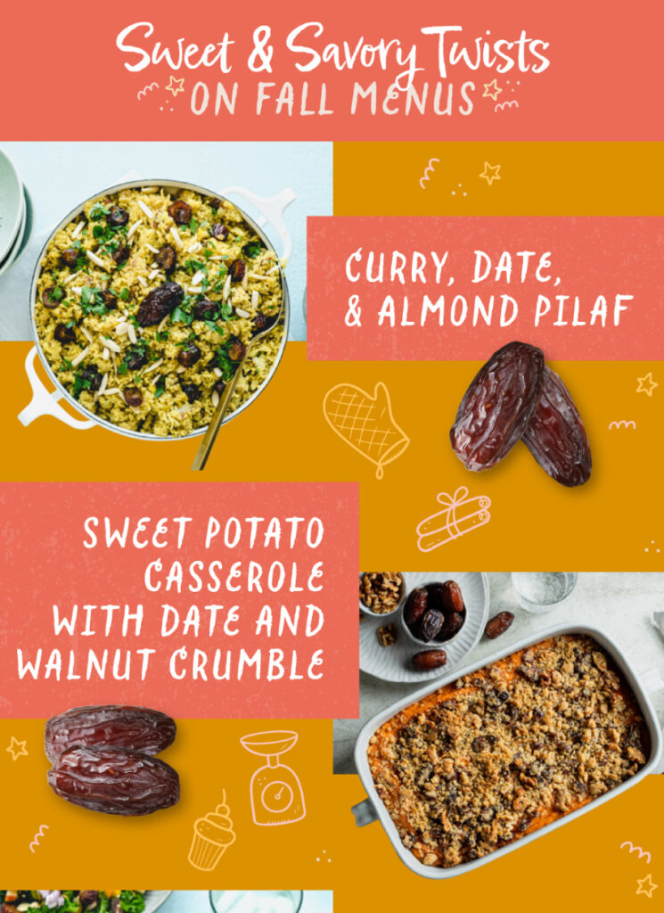 Natural Delights email newsletter preview that says "Sweet & Savory Twists on Fall Menus" with recipes "Curry, Date, & Almond Pilaf" and "Sweet Potato Casserole with Date and Walnut Crumble"