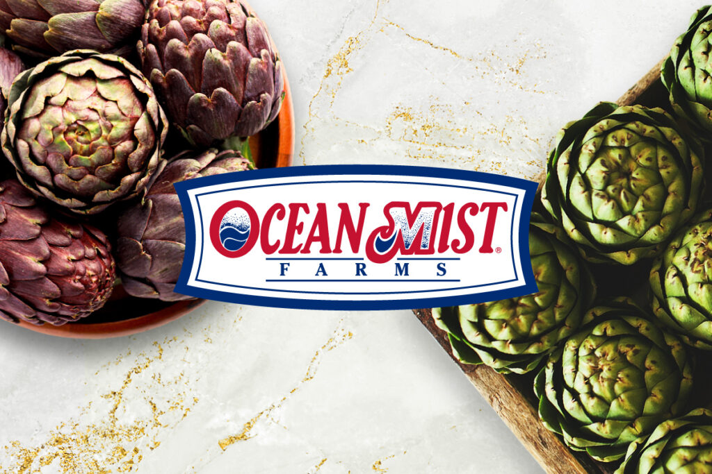 Ocean Mist Farms logo on background image of marble countertop with a box of green artichokes and a bowl of purple artichokes